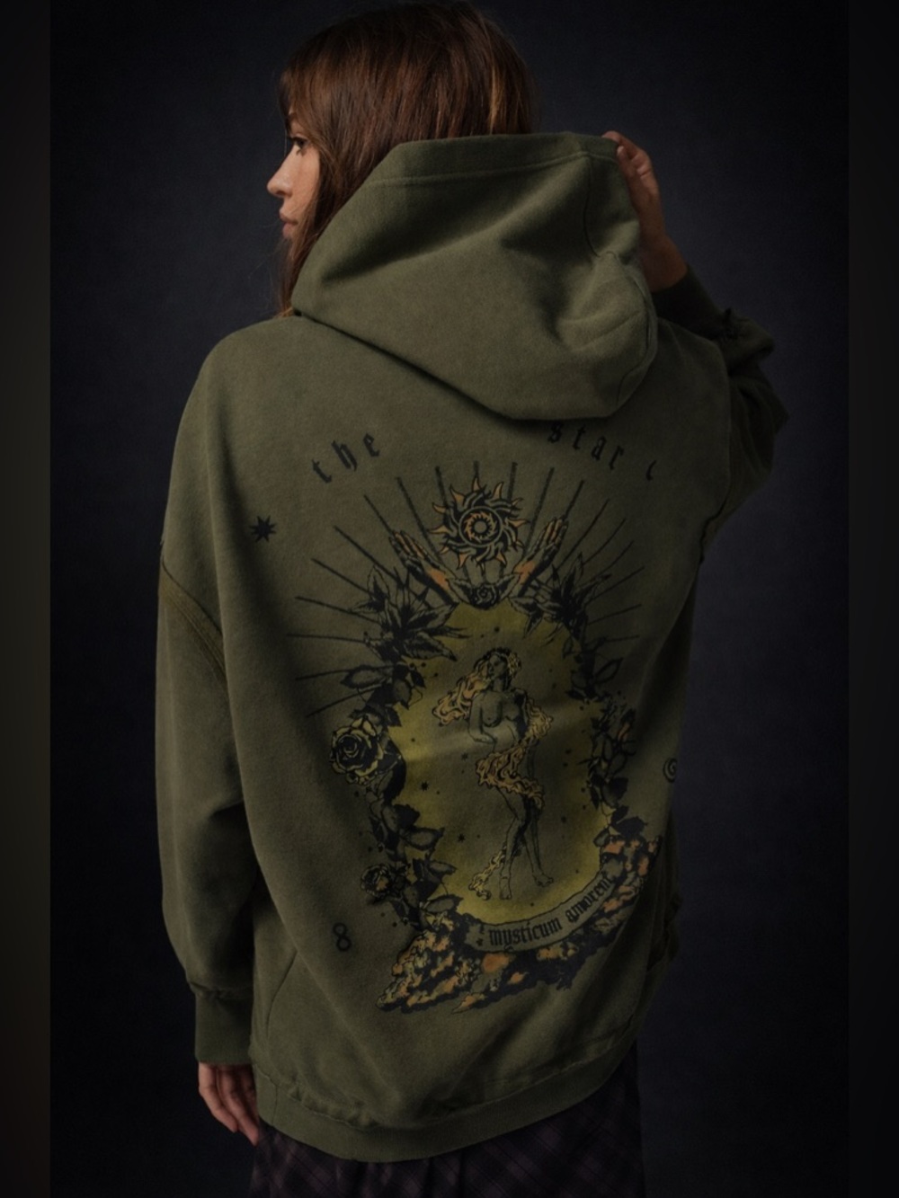 Olive Green Graphic Hoodie with Astrological Back Art